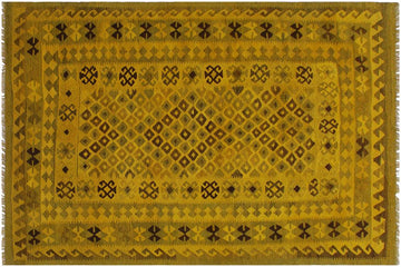 Flat Weave Kilim, Antique, Navaho, Vintage, Handmade, Geometric Kilim Yellow Brown Hand-Woven Rectangle 100% Wool Area Rug 5 x 8